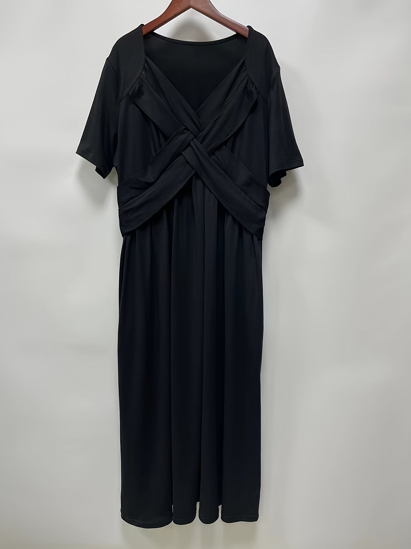 Solid V Neck Dress, Casual Criss Cross Short Sleeve Dress