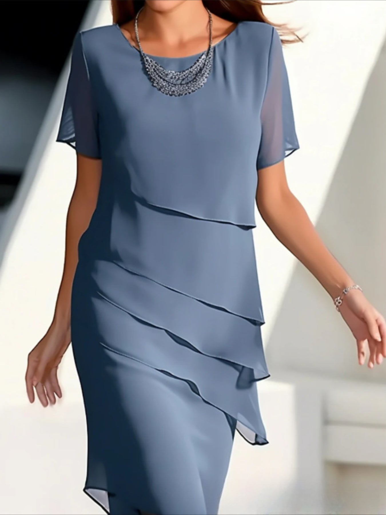 Layered Trim Crew Neck Dress, Elegant Short Sleeve Dress