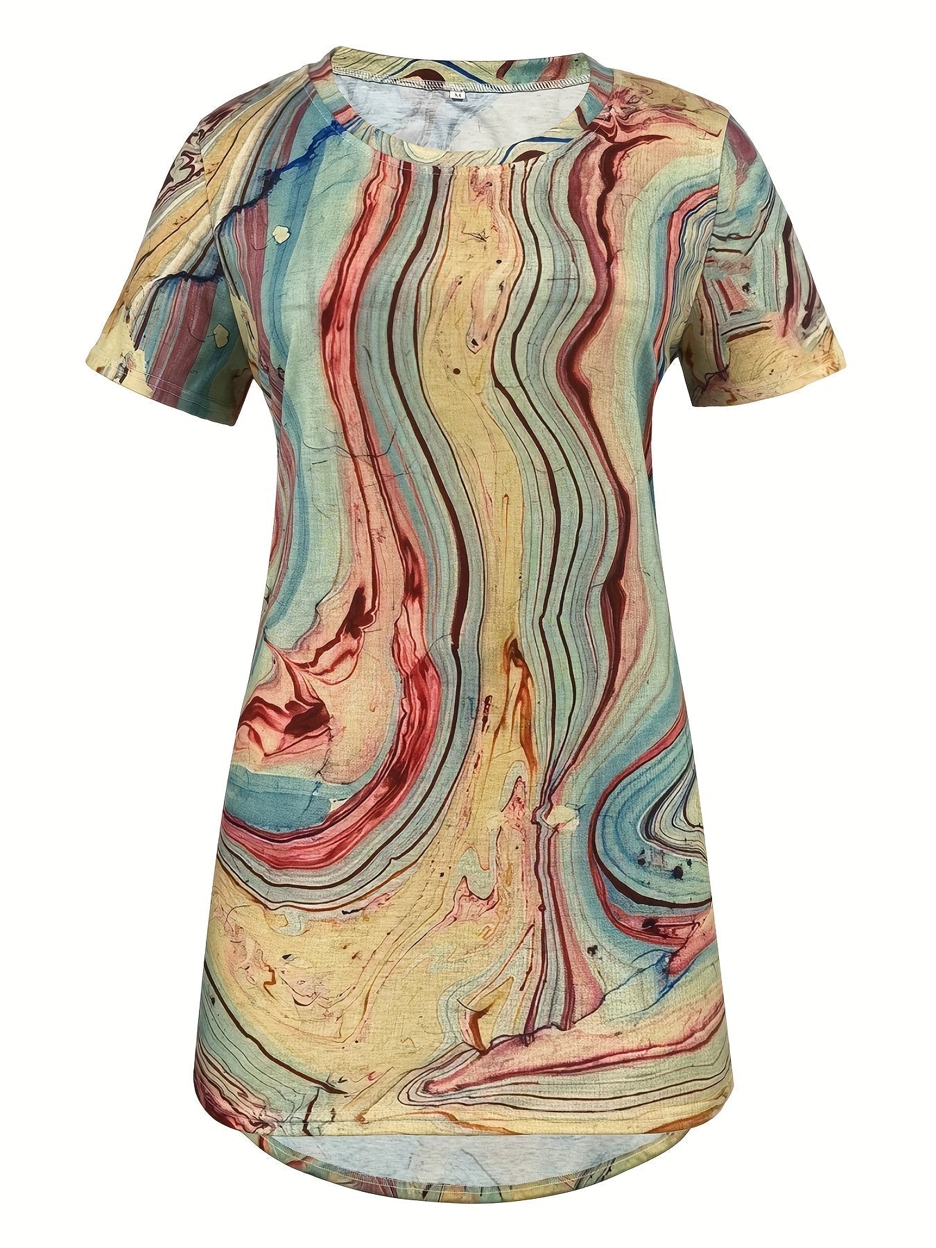 Marble Print Crew Neck T-shirt, Casual Short Sleeve Summer Mid Length T-shirt