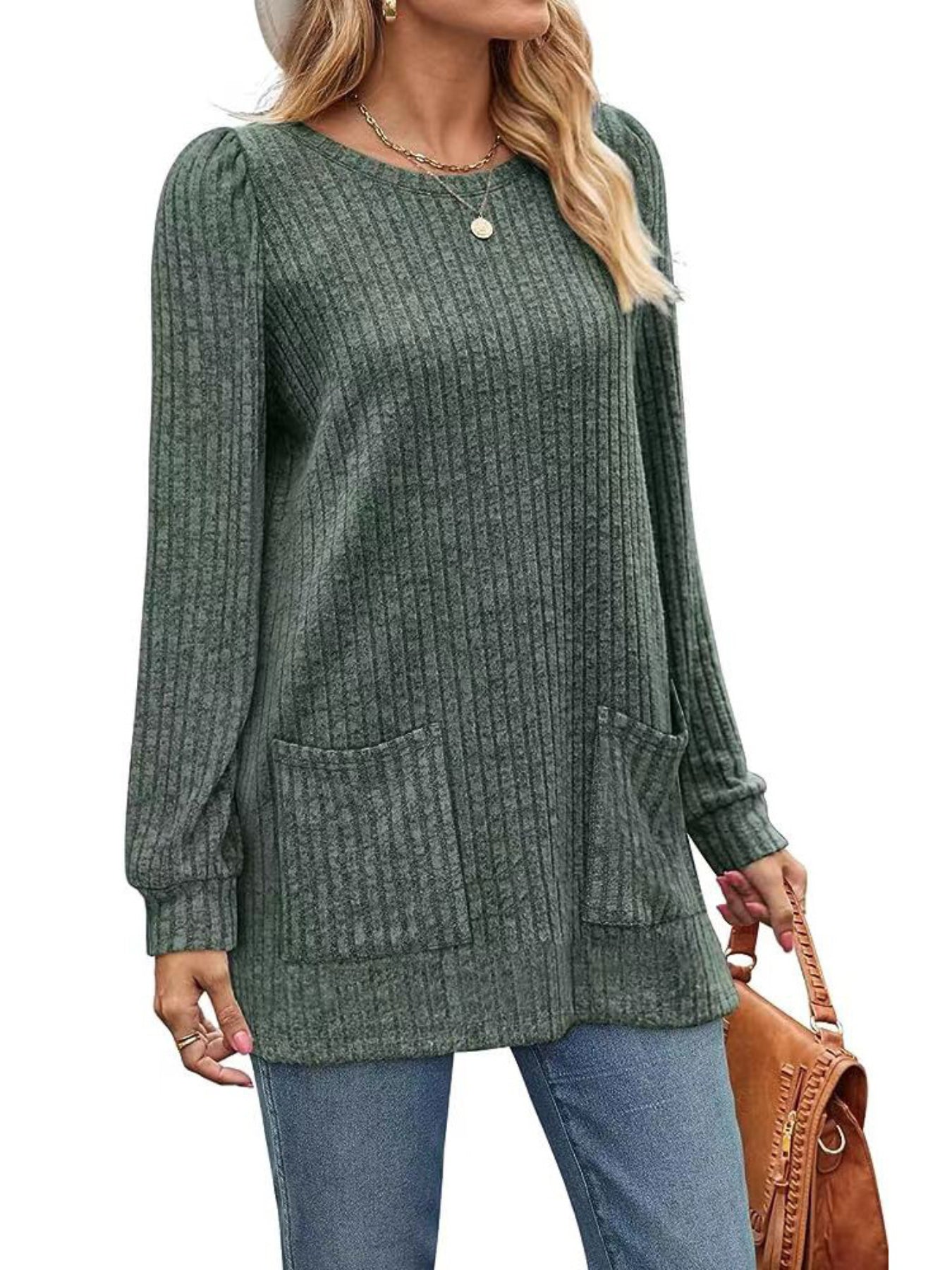 Casual Top, Women's Solid Ribbed Long Sleeve Round Neck Medium Stretch Top With Pockets
