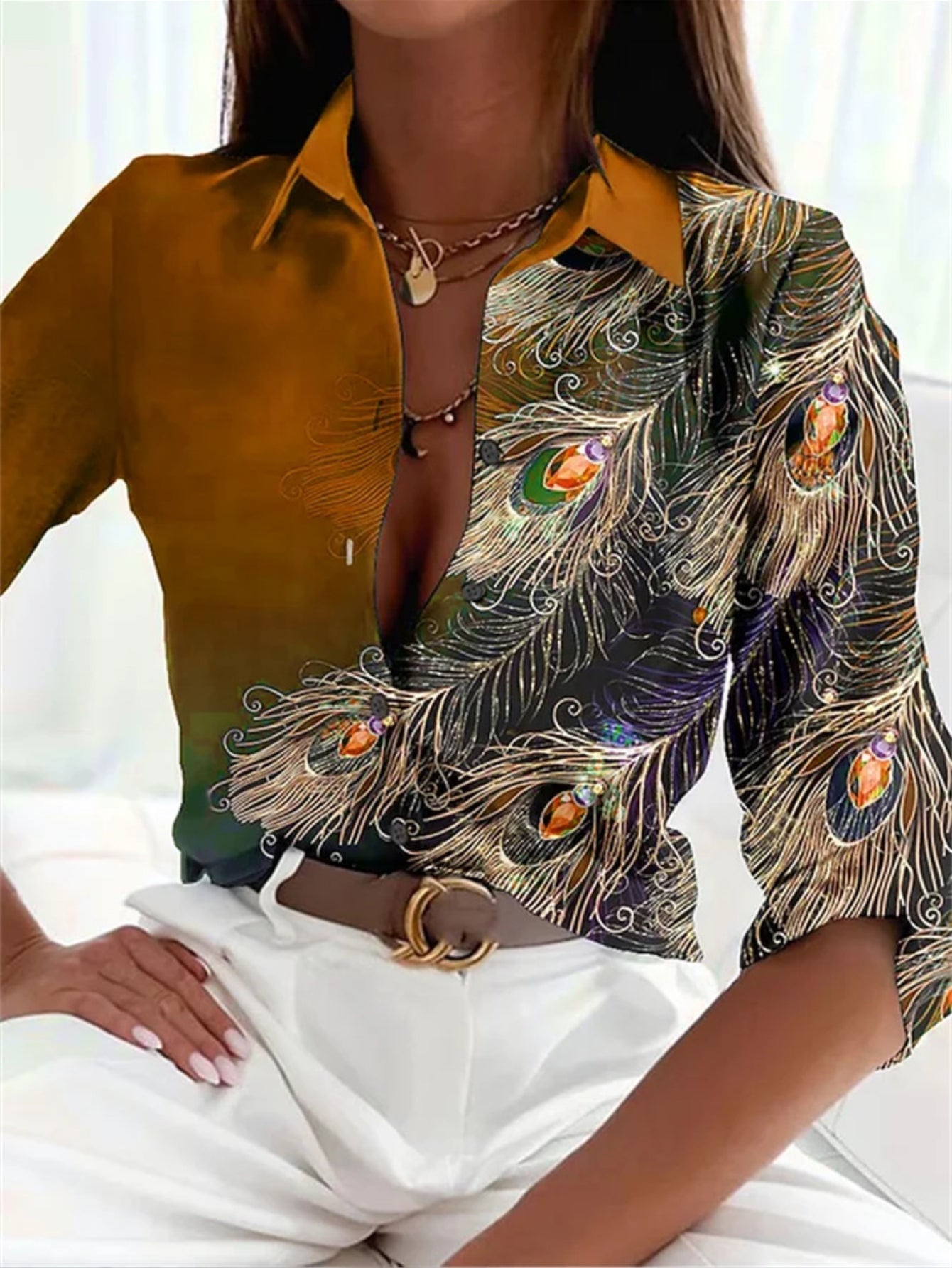 Peacock Feather Print Shirt, Long Sleeve Button Up Casual Top