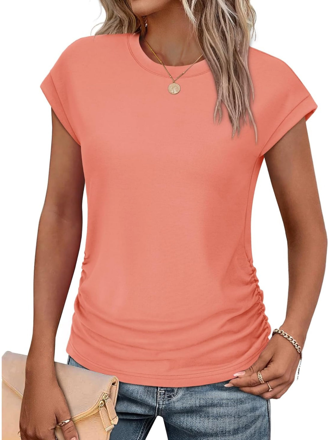 Solid Color Crew Neck Ruched Cap Short Sleeve T Shirts