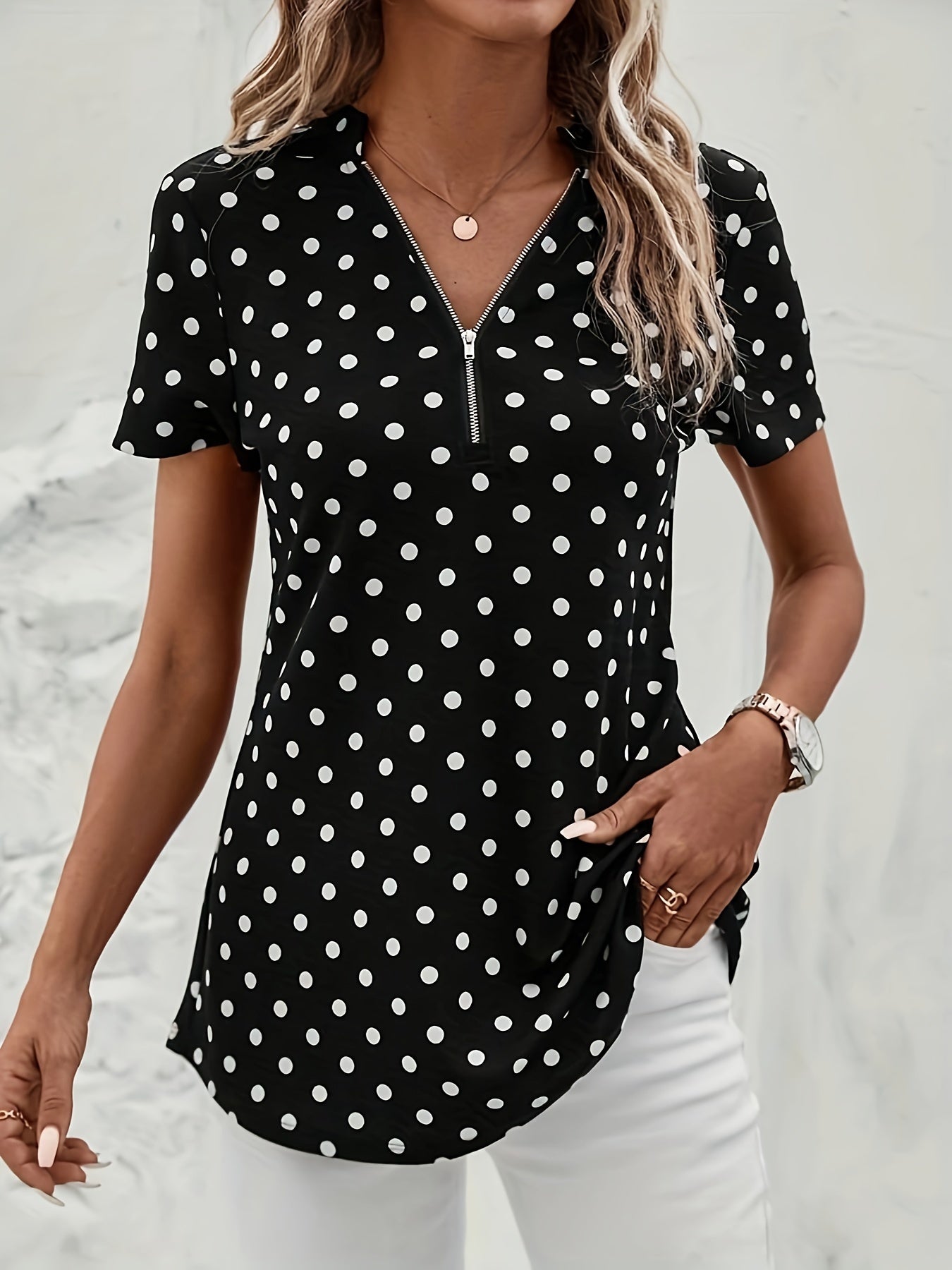 Polka Dots Print V Neck Blouse, Elegant Zipper Front Short Sleeve Blouse