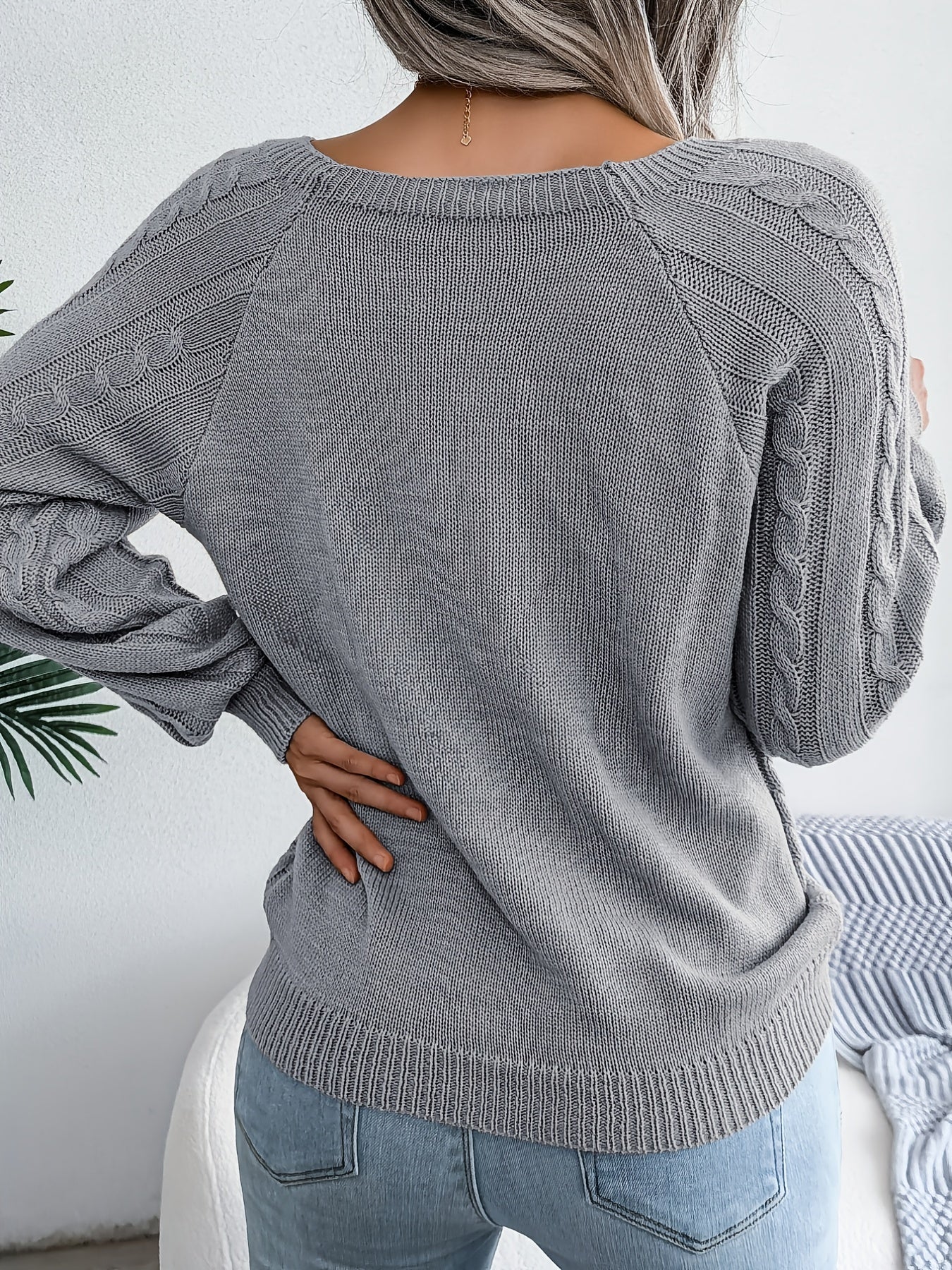Cozy Women's Sweater with Textured Button Lantern Sleeves