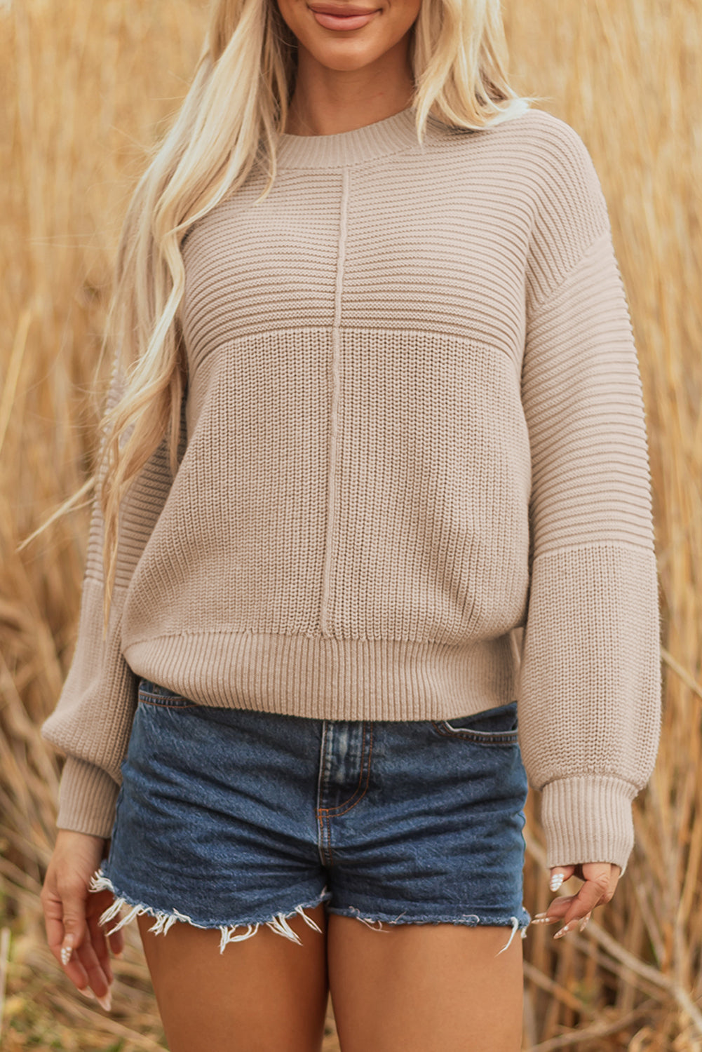 Parchment Mixed Texture Patchwork Knitted Puff Sleeve Sweater