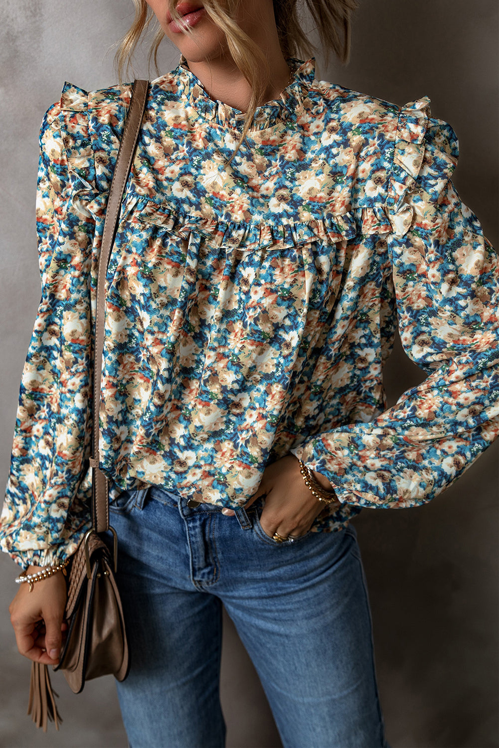 Sky Blue Floral Print Frilled Mock Neck Puff Sleeve Blouse