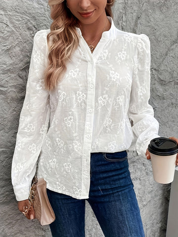 Floral Embroidery Button Front Long Sleeve Blouse