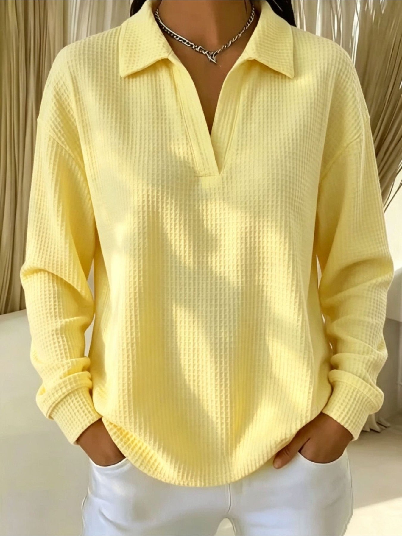 Waffle Lapel Neck Long Sleeve Polo Top