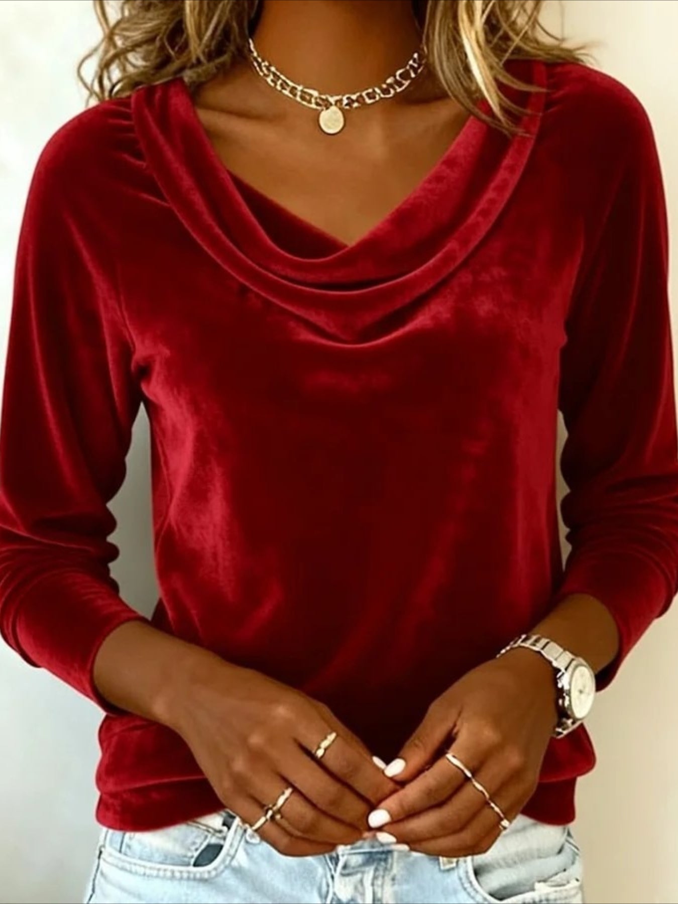 Solid Color Swinging Neck Long Sleeve Sexy Velvet T-shirt