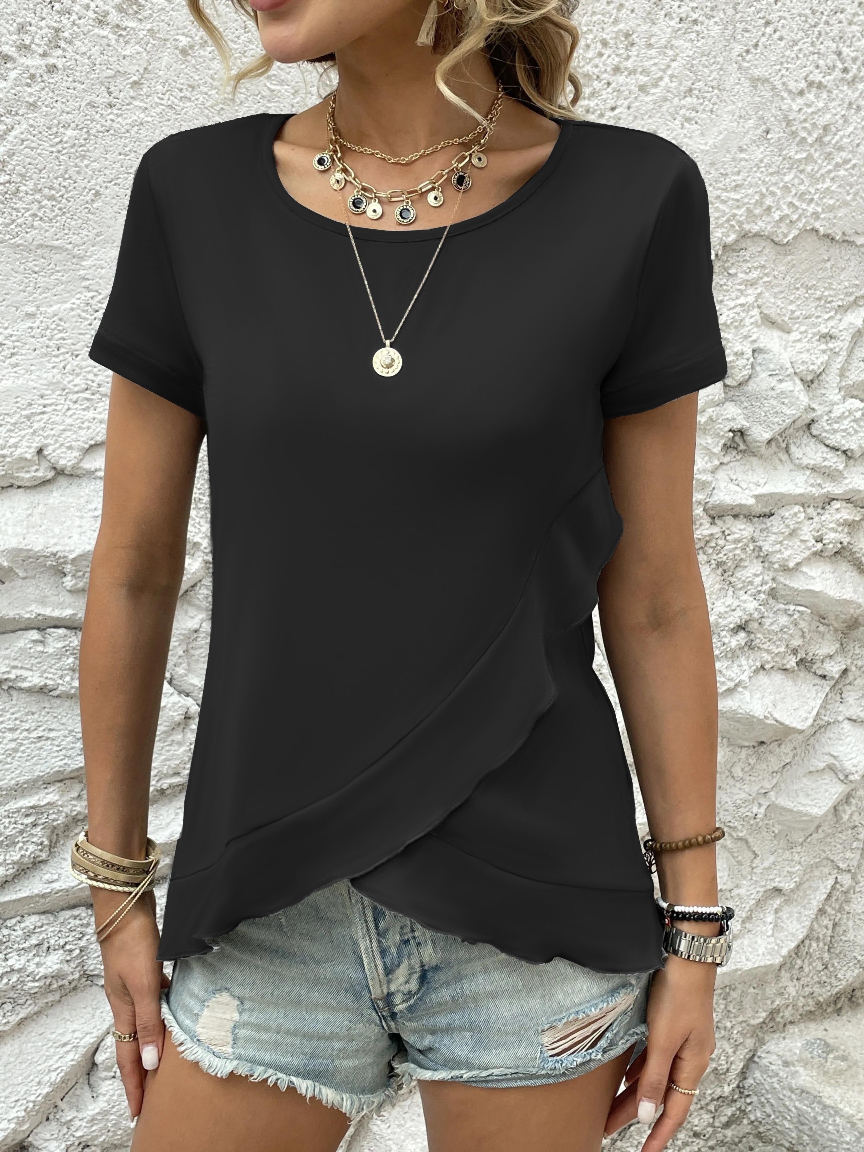 Asymmetrical Ruffle Hem T-Shirt, Casual Crew Neck Short Sleeve T-Shirt