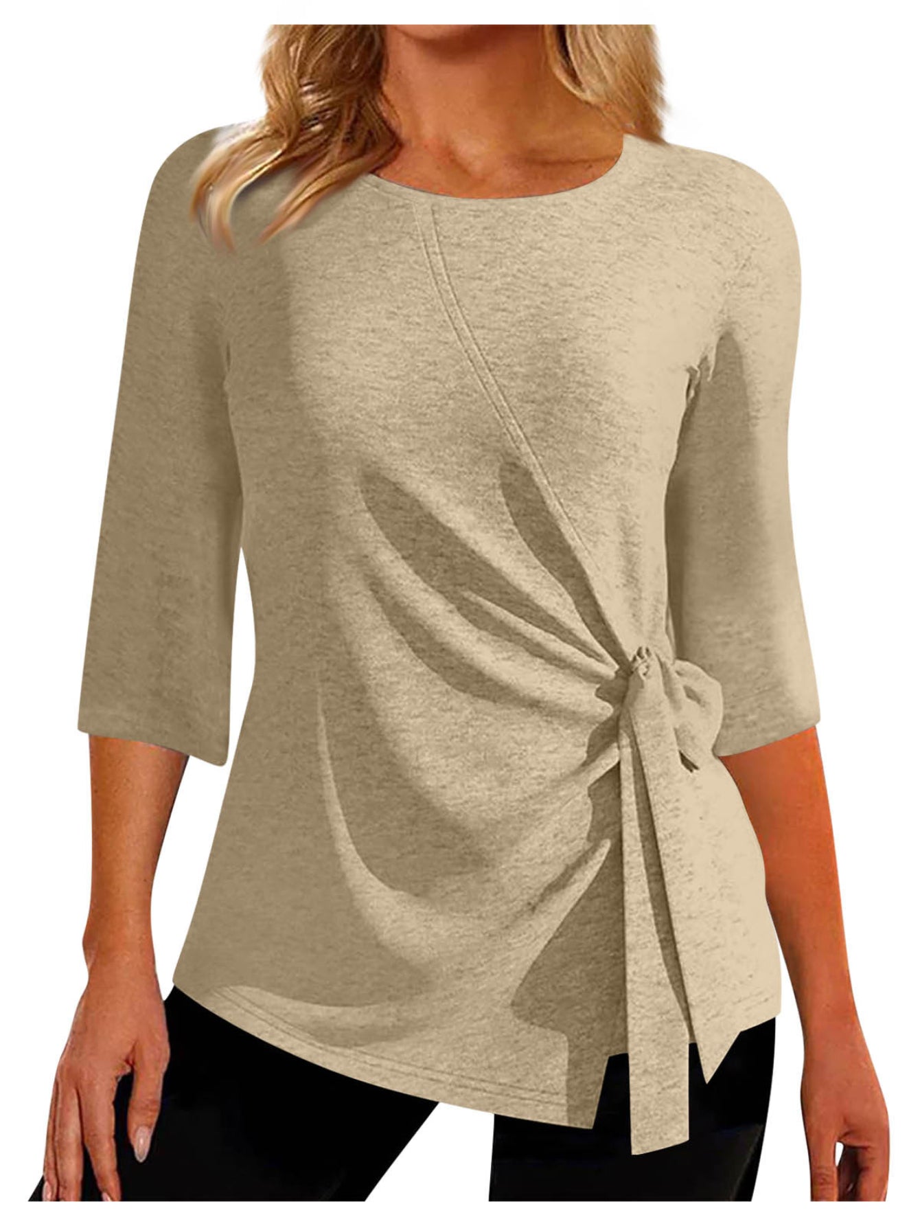 Solid Ruched Tie Front Top, Casual Three-quarter Sleeve Top