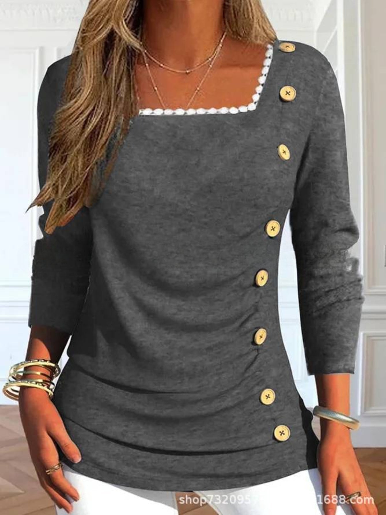 Button Decor Square T-Shirt, Casual Lace Stitching T-Shirt