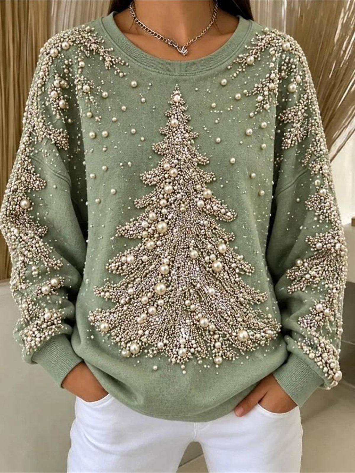 Christmas Tree Printed Crew Neck Long Sleeve Sweater Hoodie