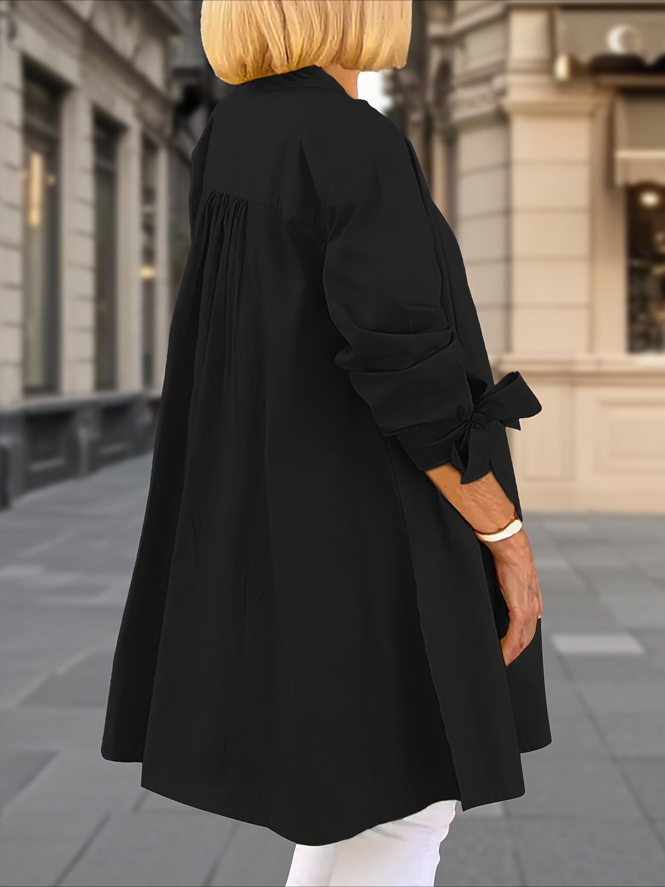 Elegant Loose-Fit Adjustable Cuffs Side Slit Breathable Fabric Round Neck Nontransparent Material Shirt