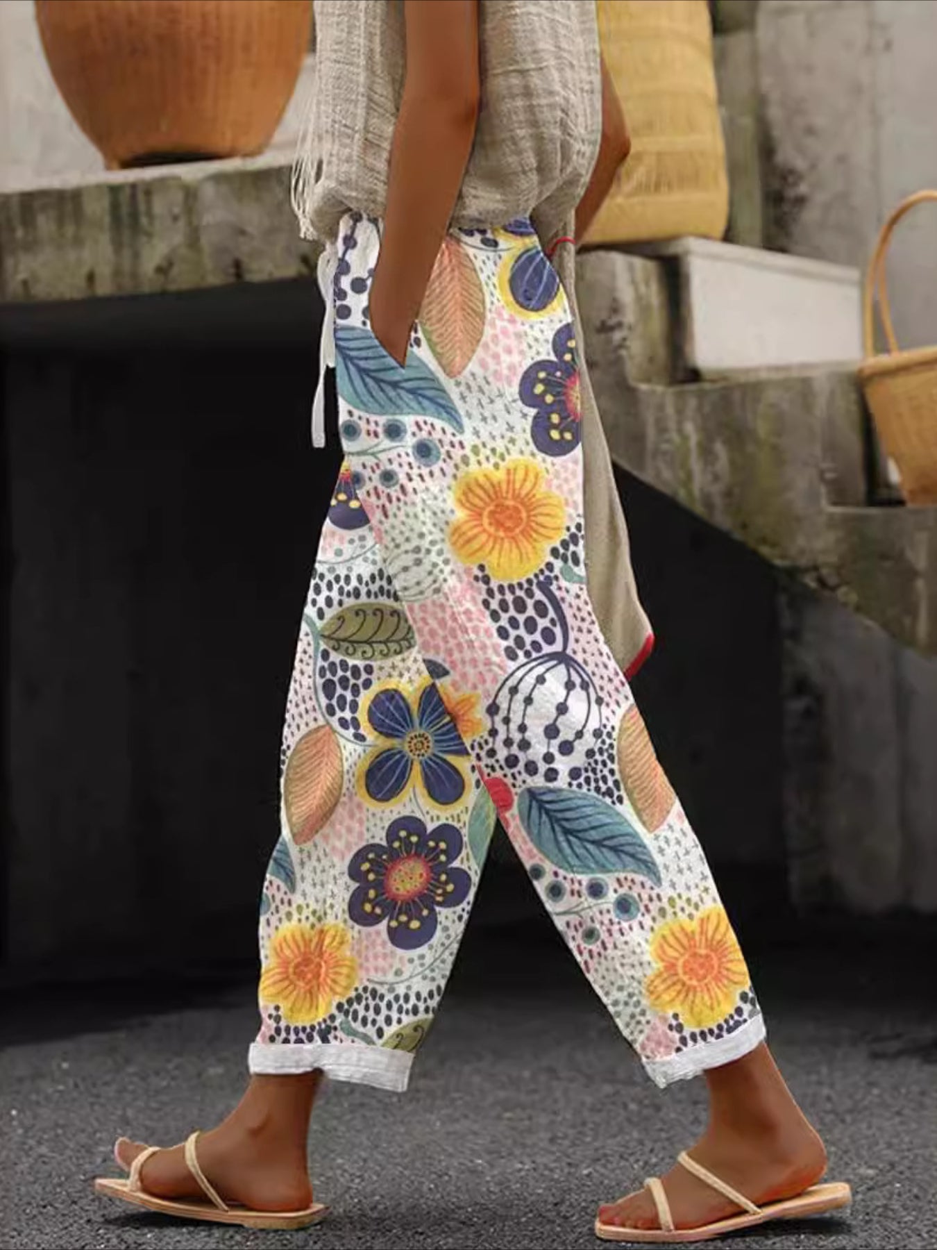 Floral Print Pants, Casual Elastic Waist Pants