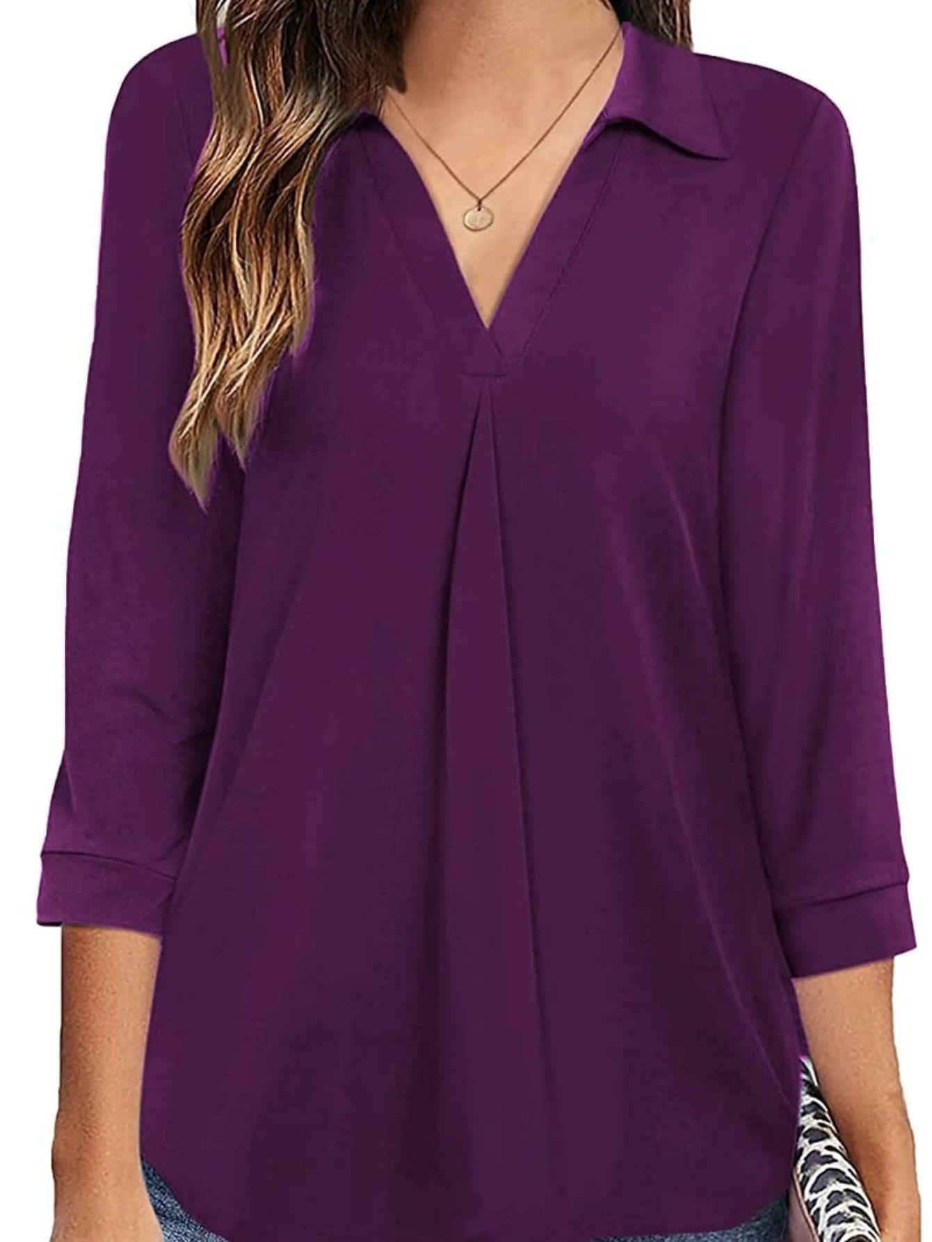 Solid V-neck Blouse, Casual 3/4 Sleeve Blouse