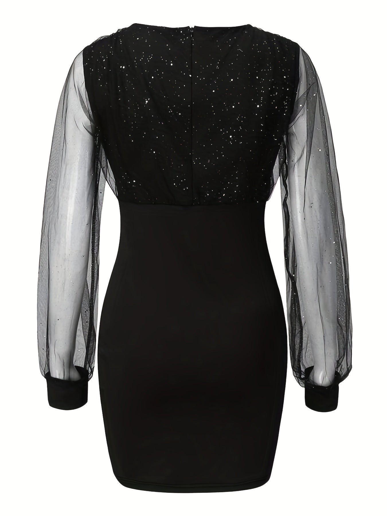 Solid Sequin Stitching Lace Long Sleeve Dress, Elegant Mesh Slim Sexy Party Dress