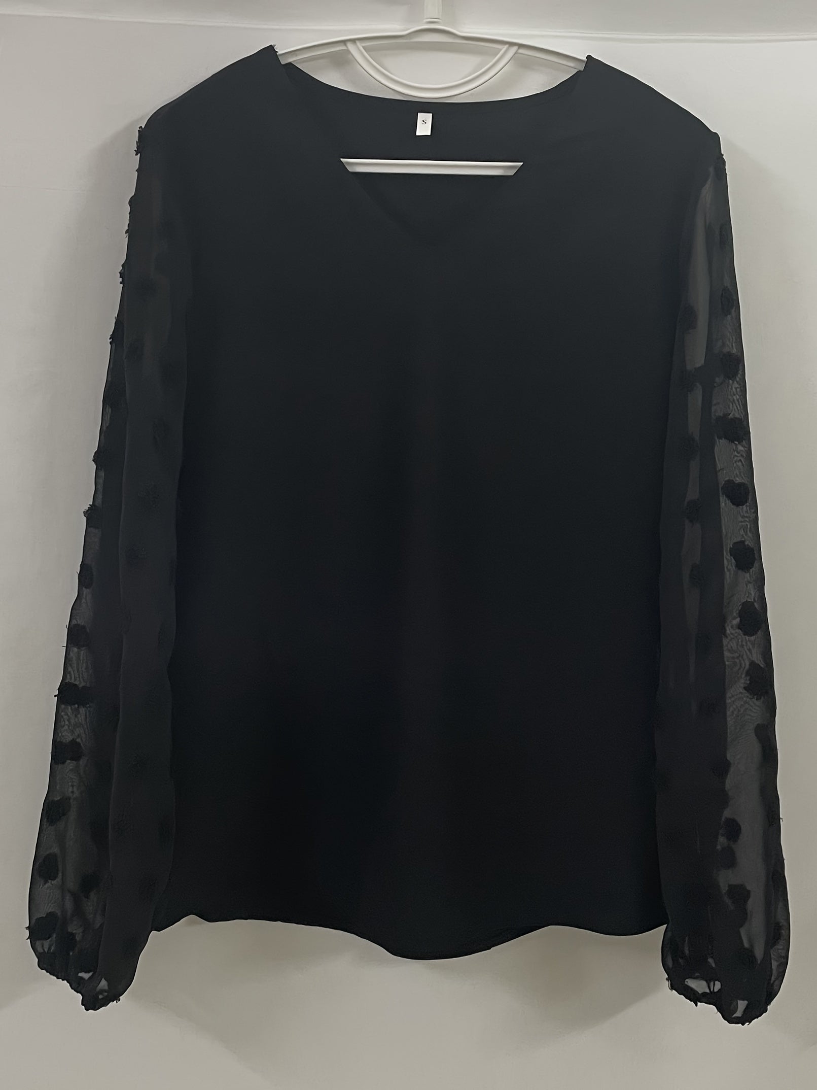 Swiss Dot Sleeve Shirt, Casual V Neck Solid Shirt