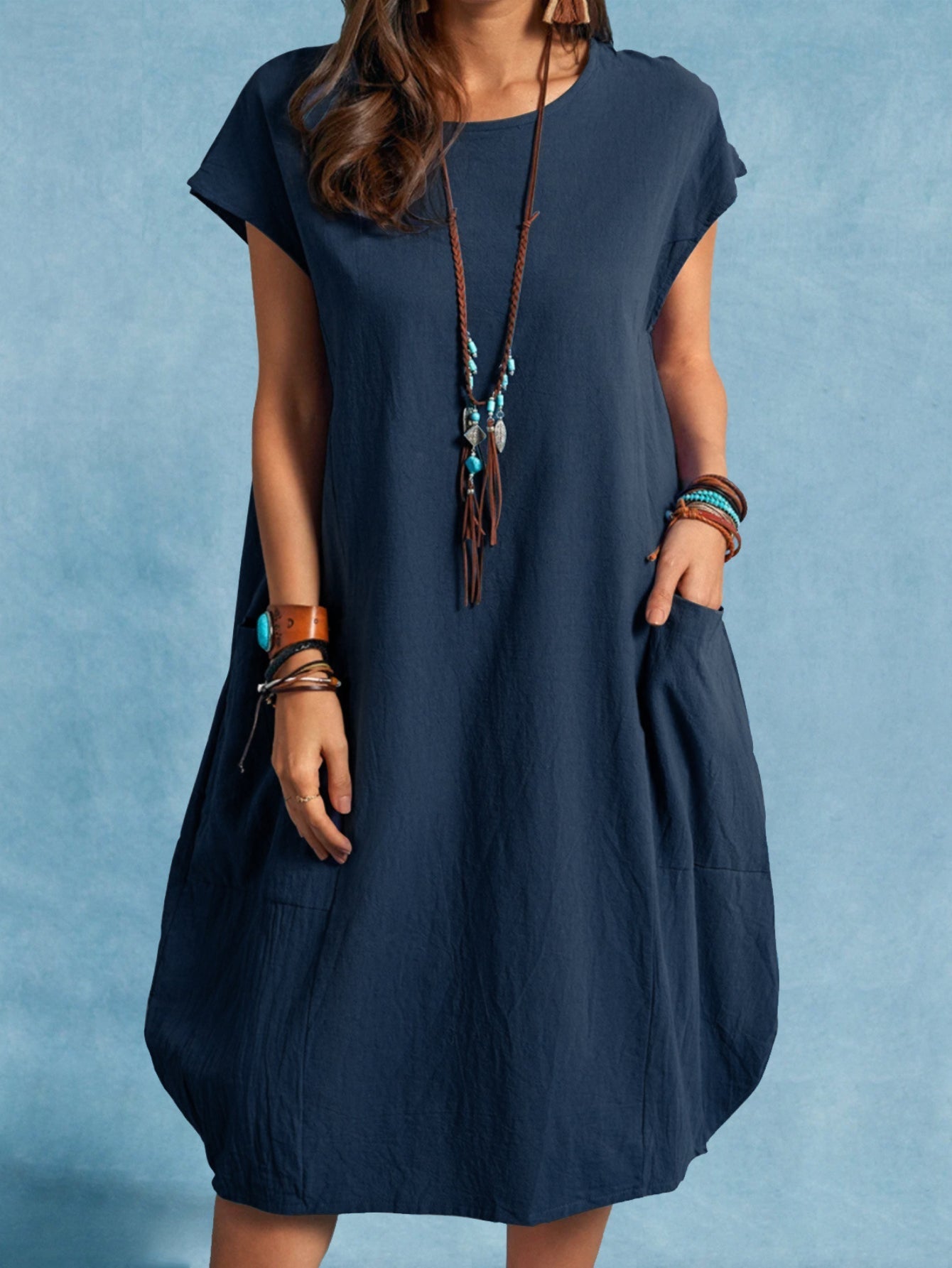 Dual Pockets Crew Neck Dress, Casual Short Sleeve Dress