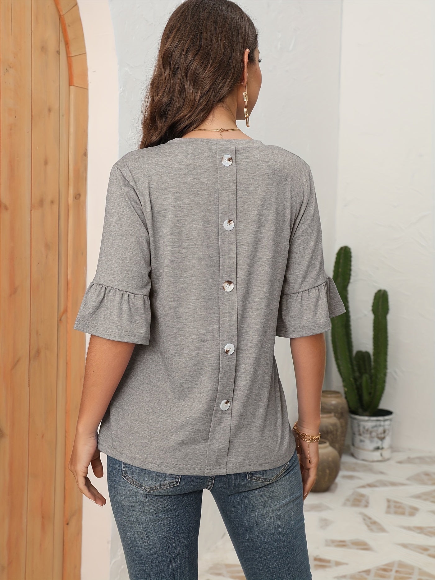 Button Back Solid T-shirt, Casual Crew Neck Half Sleeve T-shirt