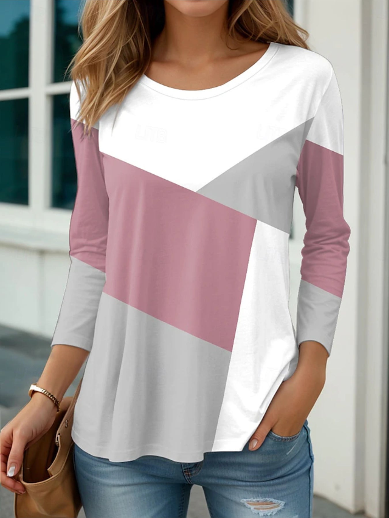 Casual Color Block Long Sleeve Crew Neck Casual T-shirt