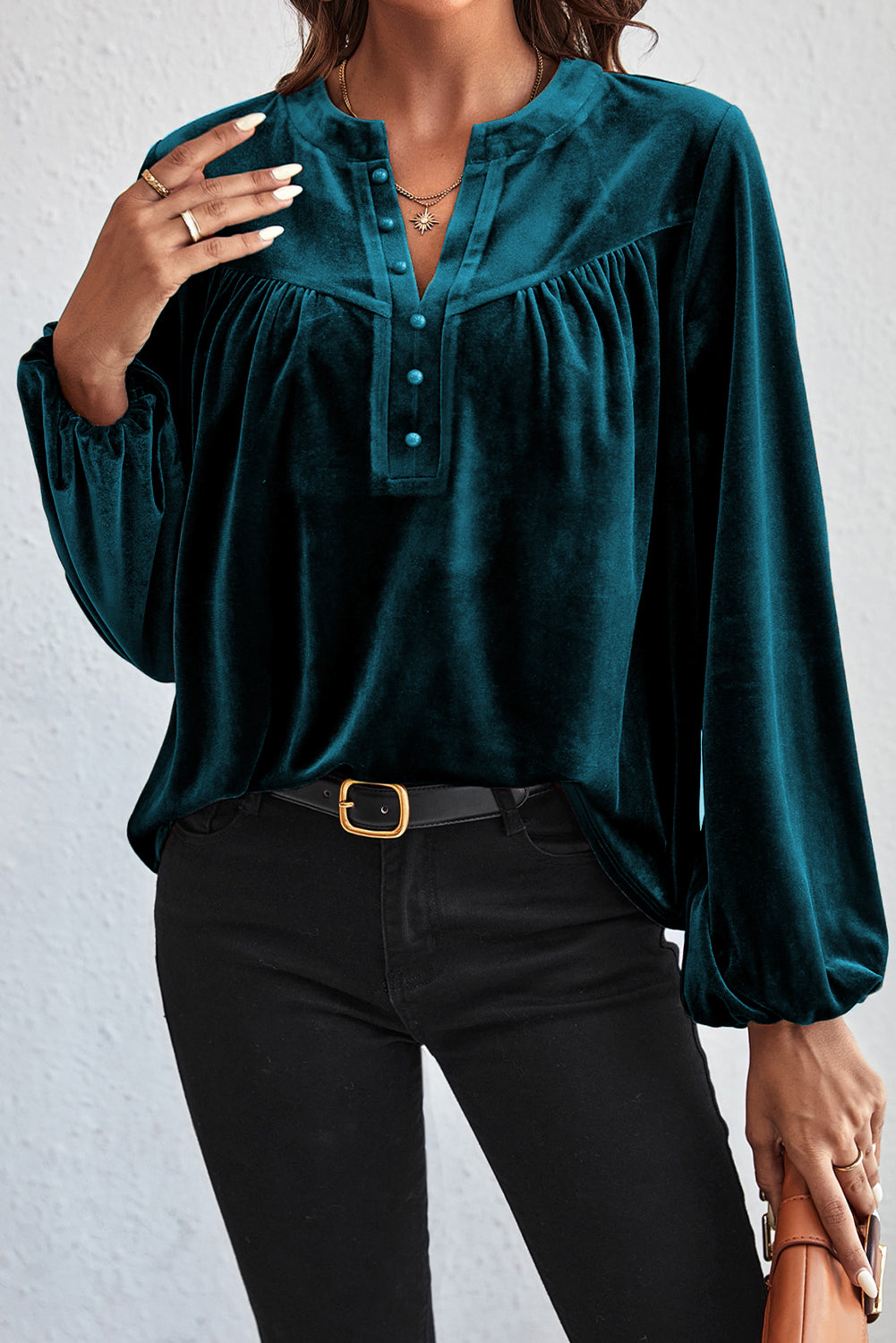 Skobeloff Lantern Sleeve Beaded Split V Neck Velvet Top