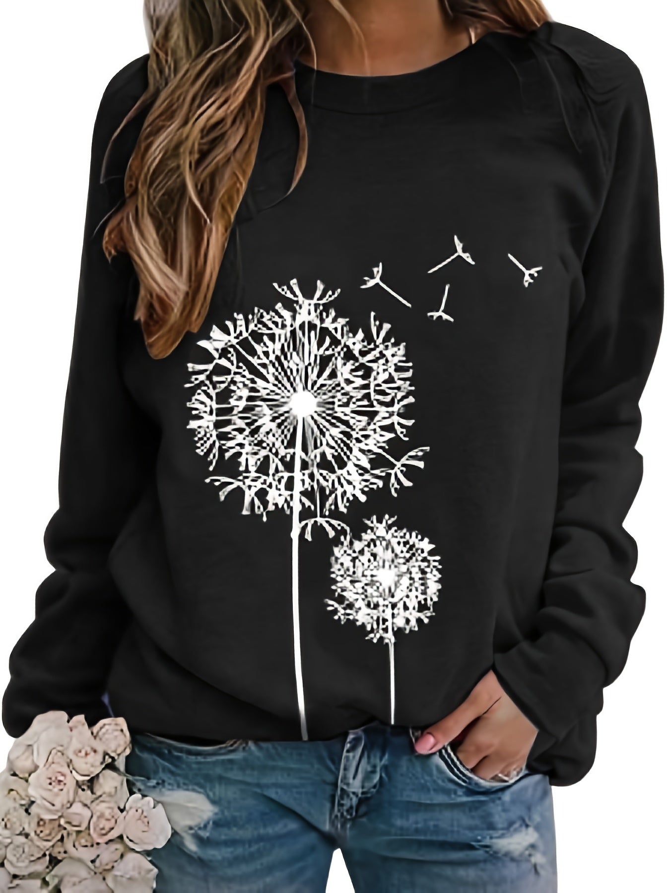 Dandelion Print Crew Neck T-shirt, Casual Loose Long Sleeve T-Shirts Tops
