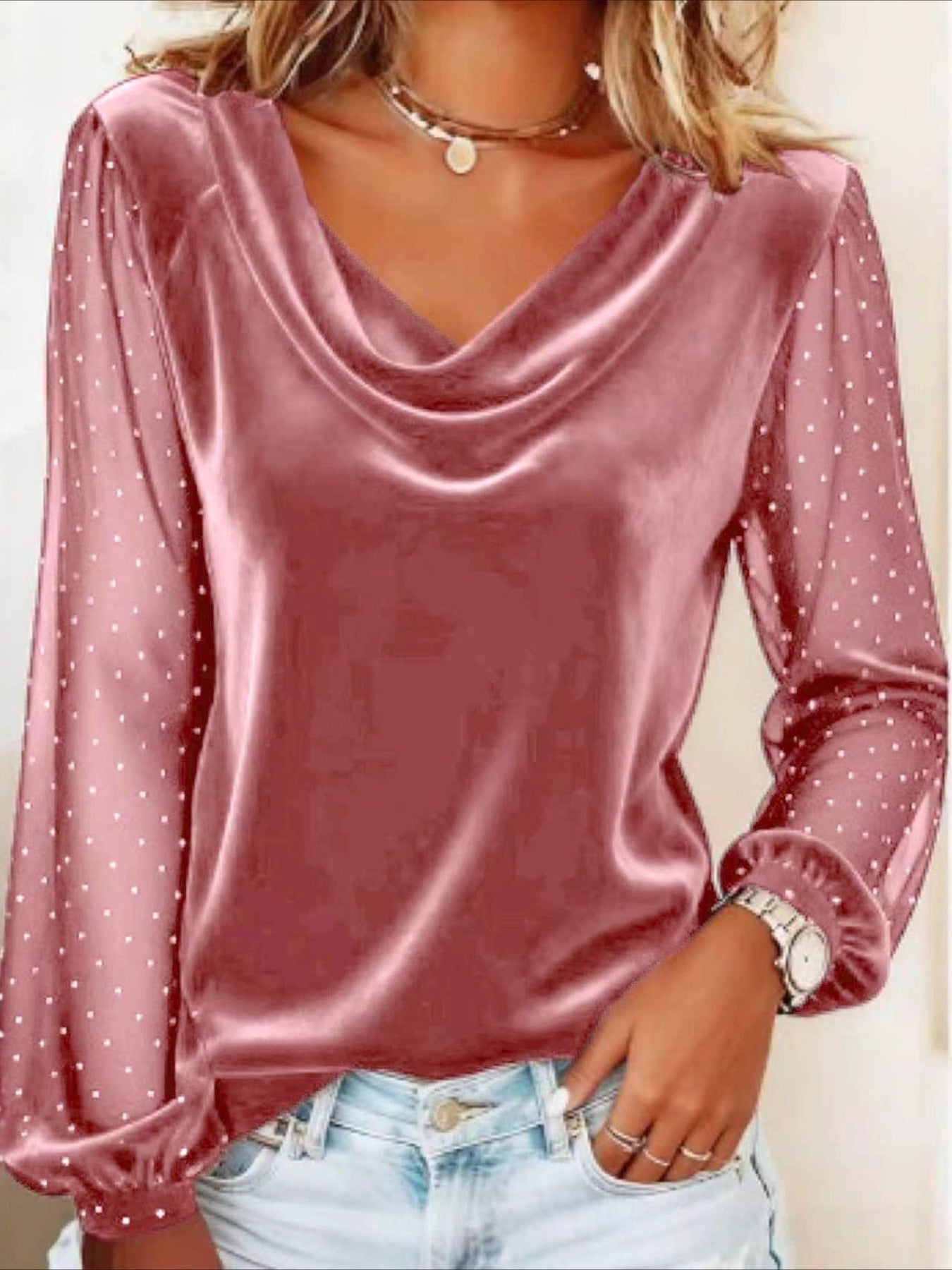 Polka Dots Long Sleeve Tee T-shirt V Neck Printing Casual Spring/Fall Top