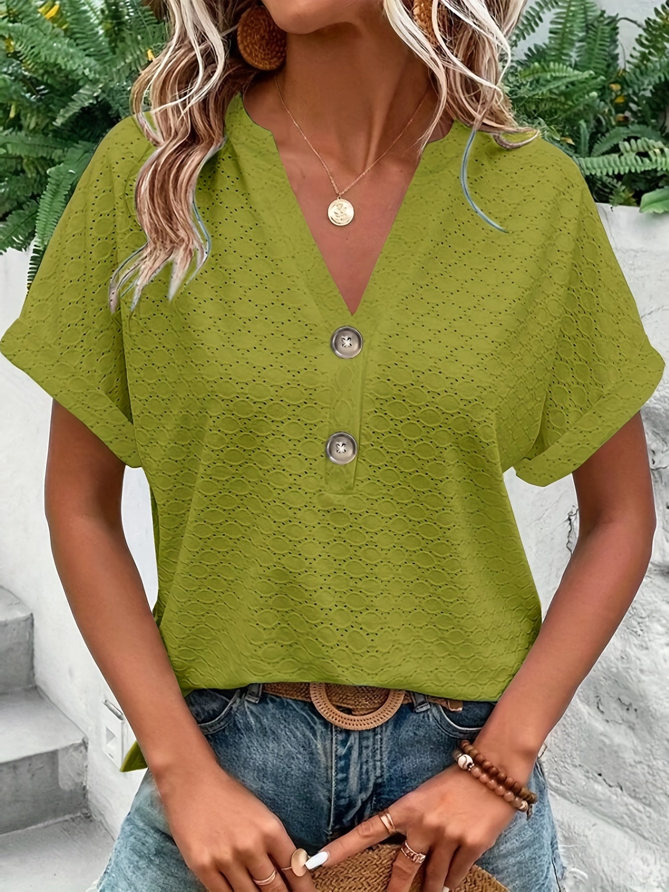 Solid Button Front V Neck T-Shirt, Casual Short Sleeve Top