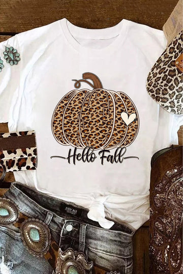 White Hello Fall Leopard Pumpkin Graphic T Shirt