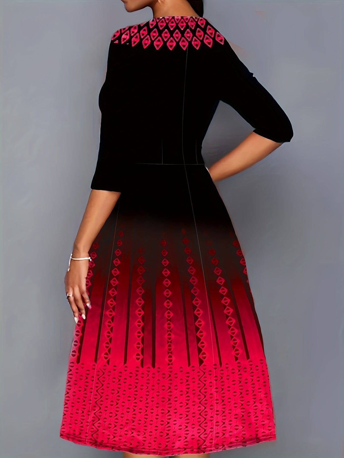 Argyle Print Color Block Dress, Casual Crew Neck Half Sleeve Midi Dress