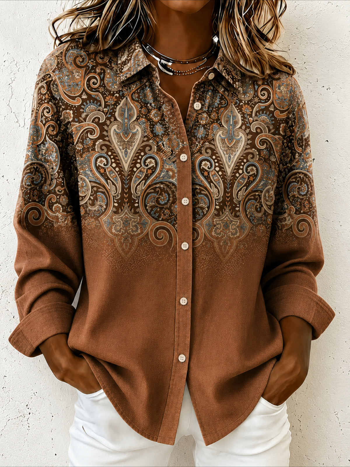 Ethnic Patterns Long Sleeve Plain Regular Micro-Elasticity Regular Fit Shirt