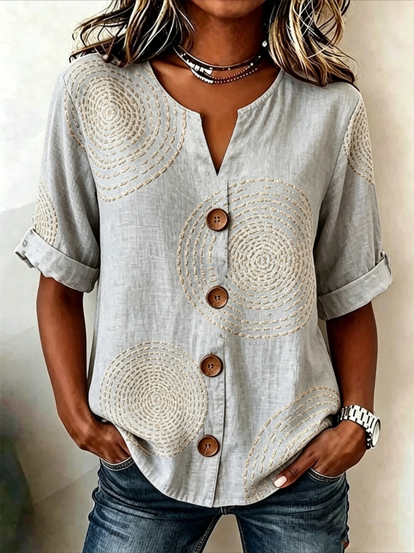 Geometric Print Loose Stand Collar Simple Linen Blend Shirt