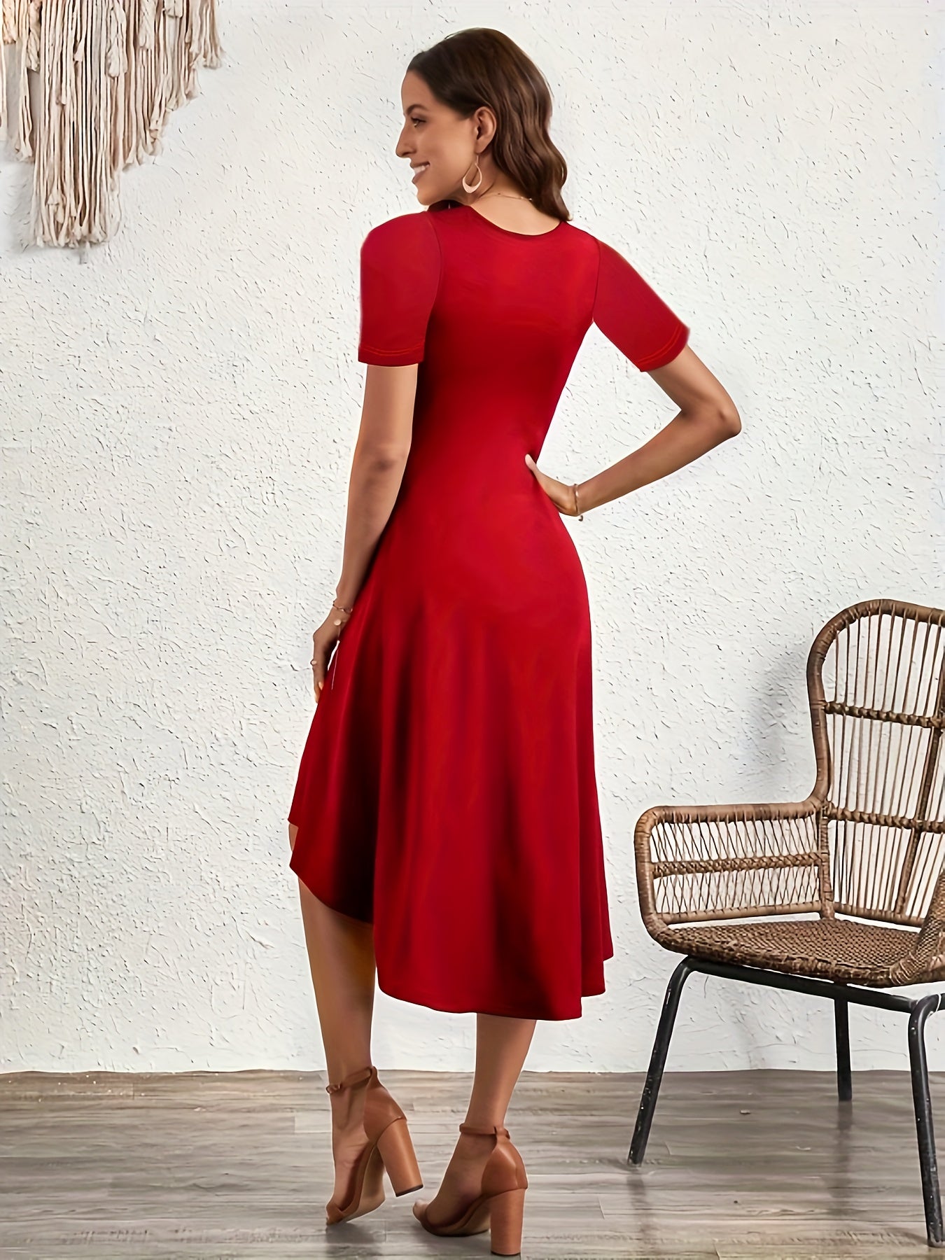 Ruched Solid Crew Neck Dress, Elegant Short Sleeve Dress