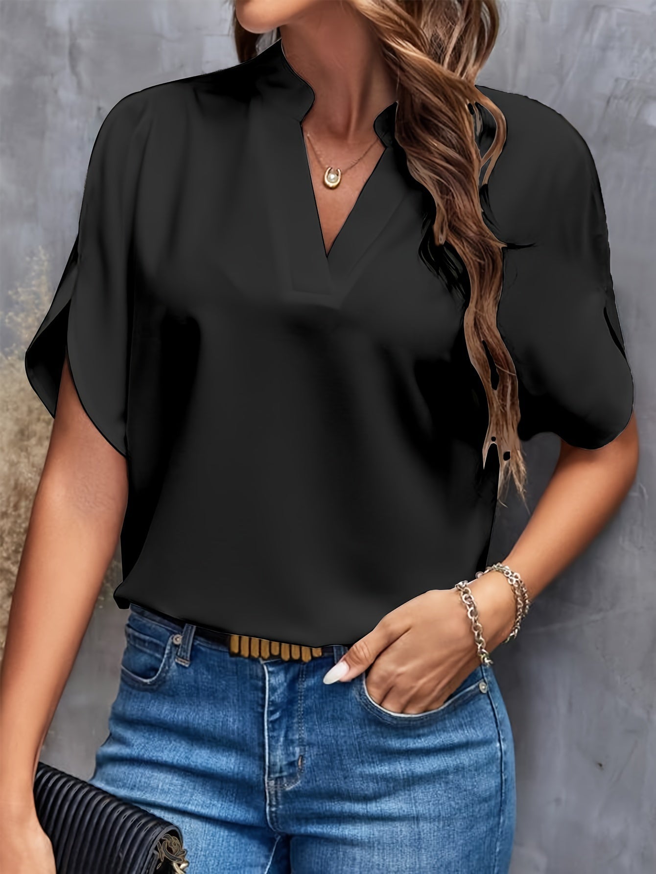 Women's Casual Notch Neck Blouse with Split Sleeves
