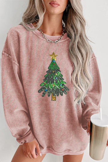 Pink Sequin Christmas Tree Corded Oversized Sweatshirt