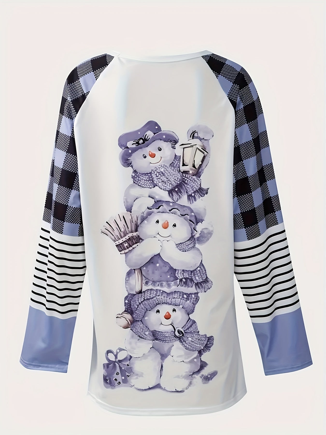 Casual T-shirt, Women's Colorblock Gingham & Stripe & Bear Print Long Sleeve Round Neck Tunic Top