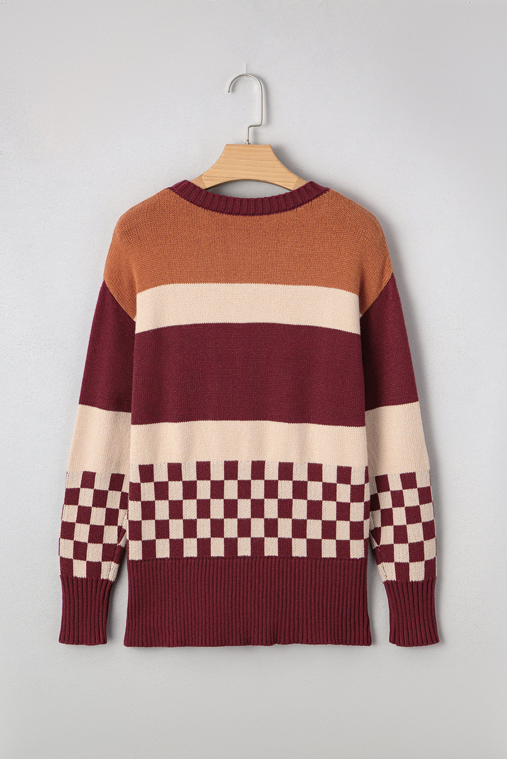 Brown Checkered Color Block Knitted Drop Shoulder Sweater