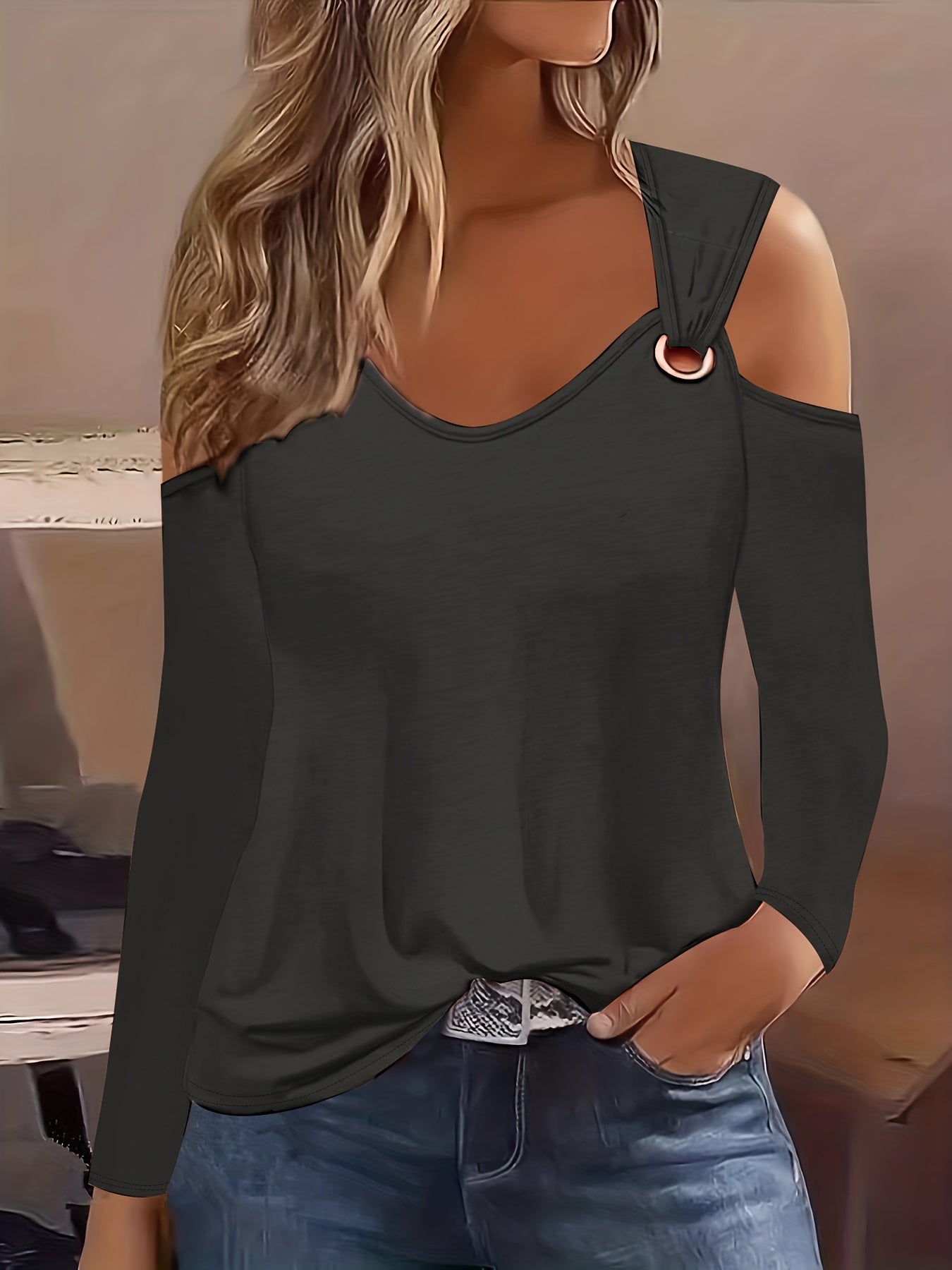 Solid Ring Detail Cold Shoulder T-Shirt, Casual Long Sleeve Top
