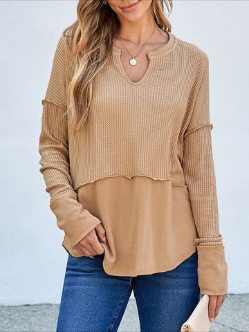 Waffle-Knit Exposed Seam Notched Long Sleeve Top