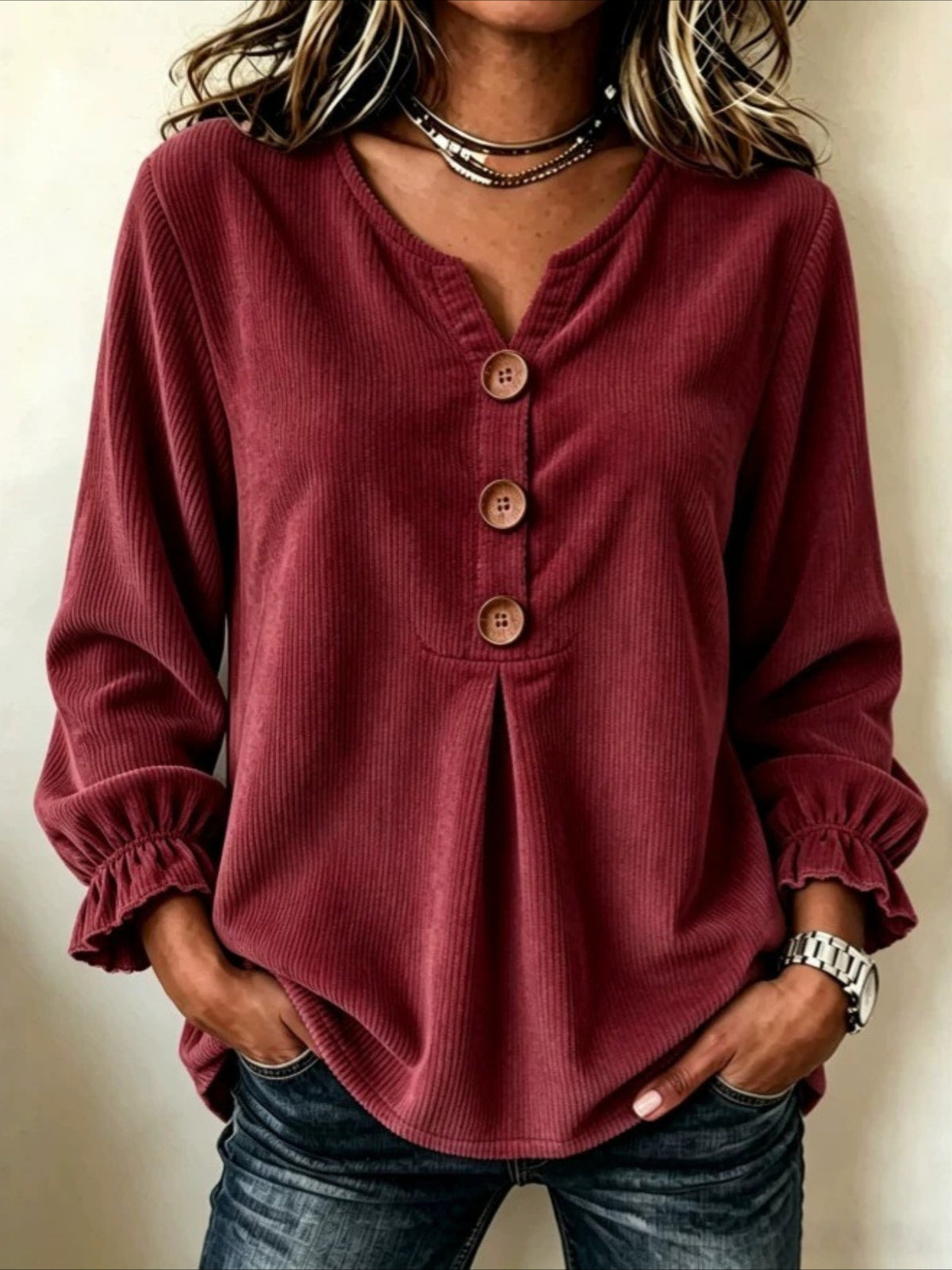 V Neck Corduroy Button-up Ruffle Long Sleeve Shirt