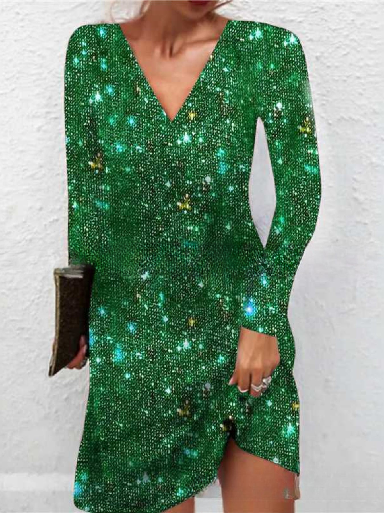 Elegant V-Neck Long Sleeve Sequin Midi Dress