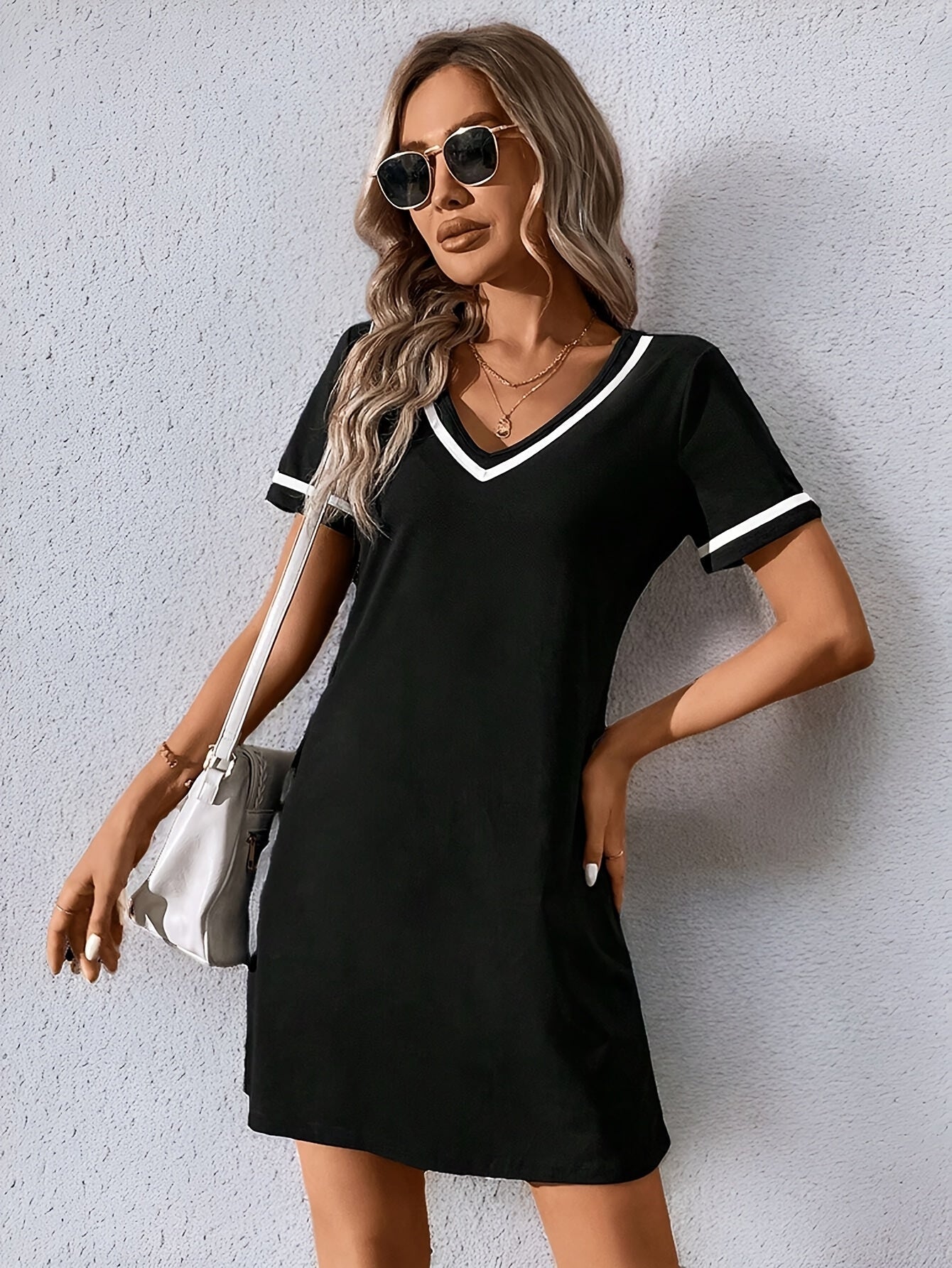 Women's Color Block Knit Dress - V-Neck, Braided Detail