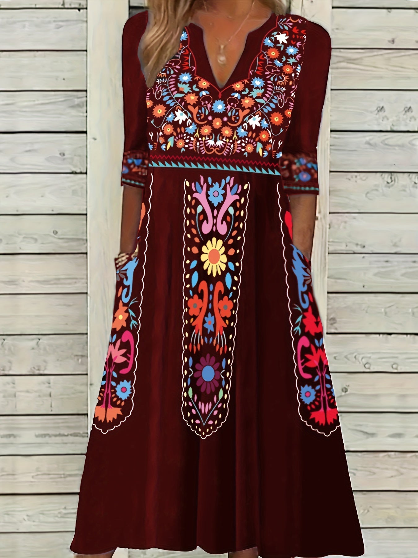 Ethnic Print Dual Pockets Dress, Casual Half Sleeve V-neck Dress