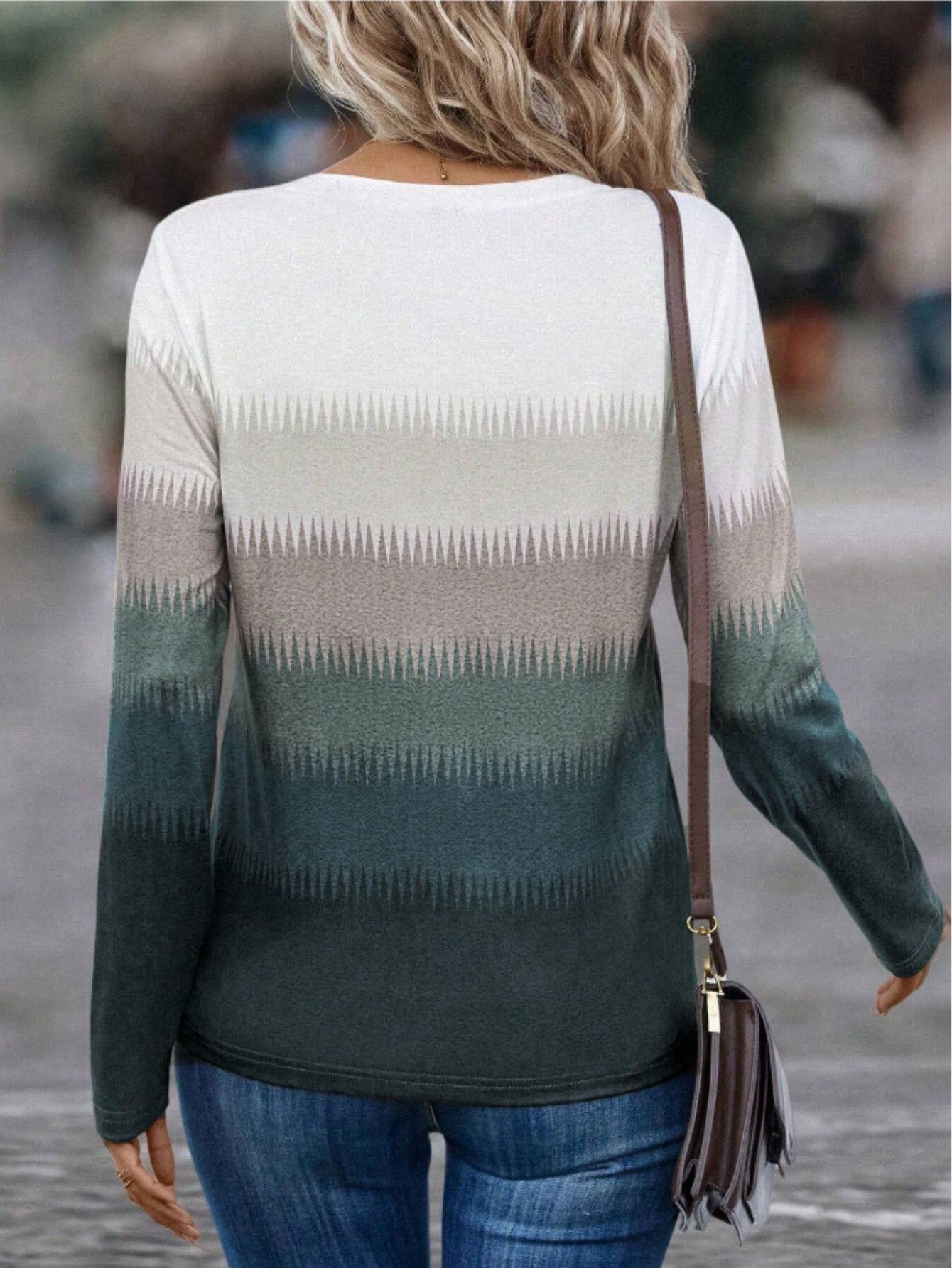Vibrant Gradient Color Long Sleeve Crew Neck T-shirt - Casual Button Front Top