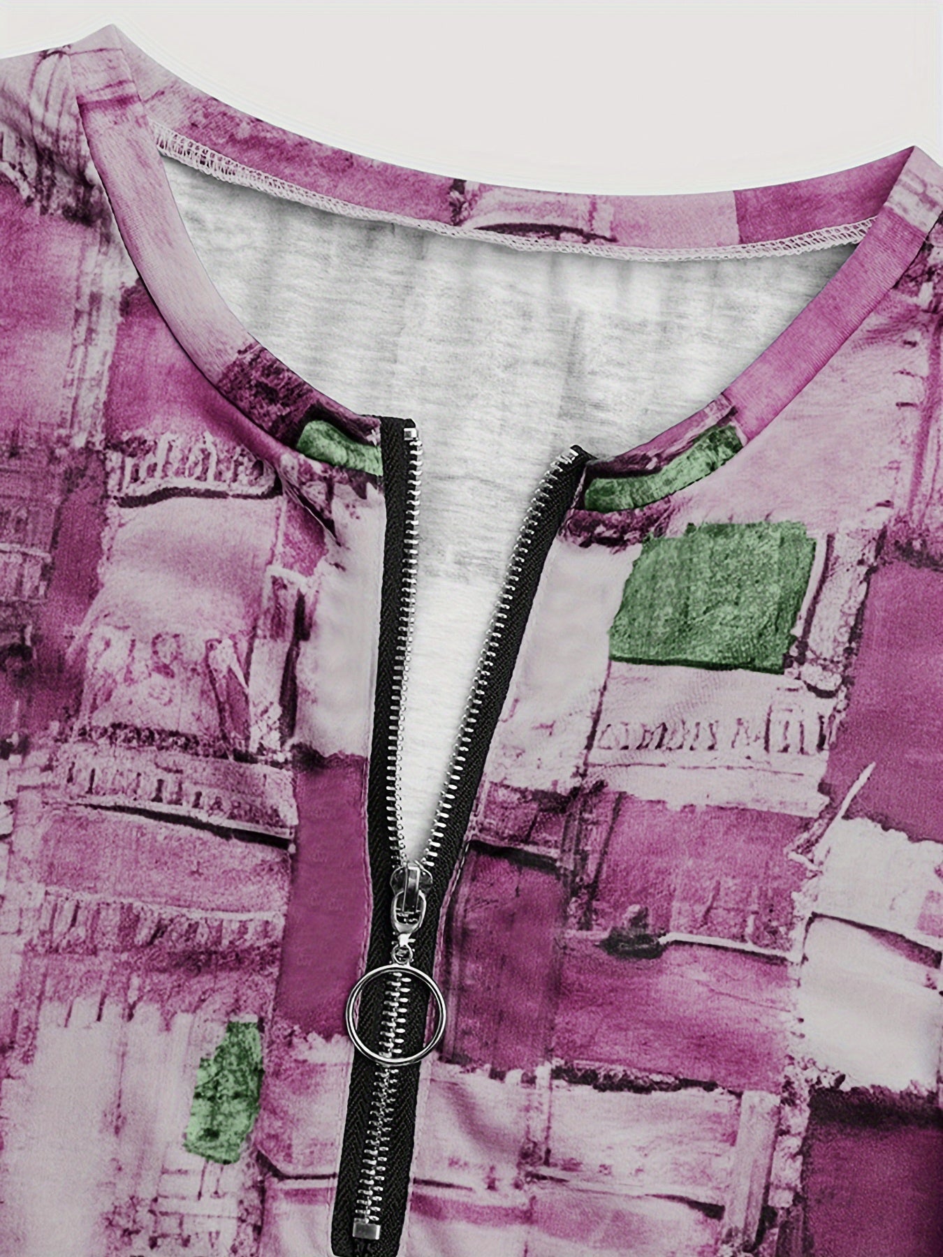 Patchwork Zipper T-shirt, Casual Crew Neck Long Sleeve Summer T-shirt