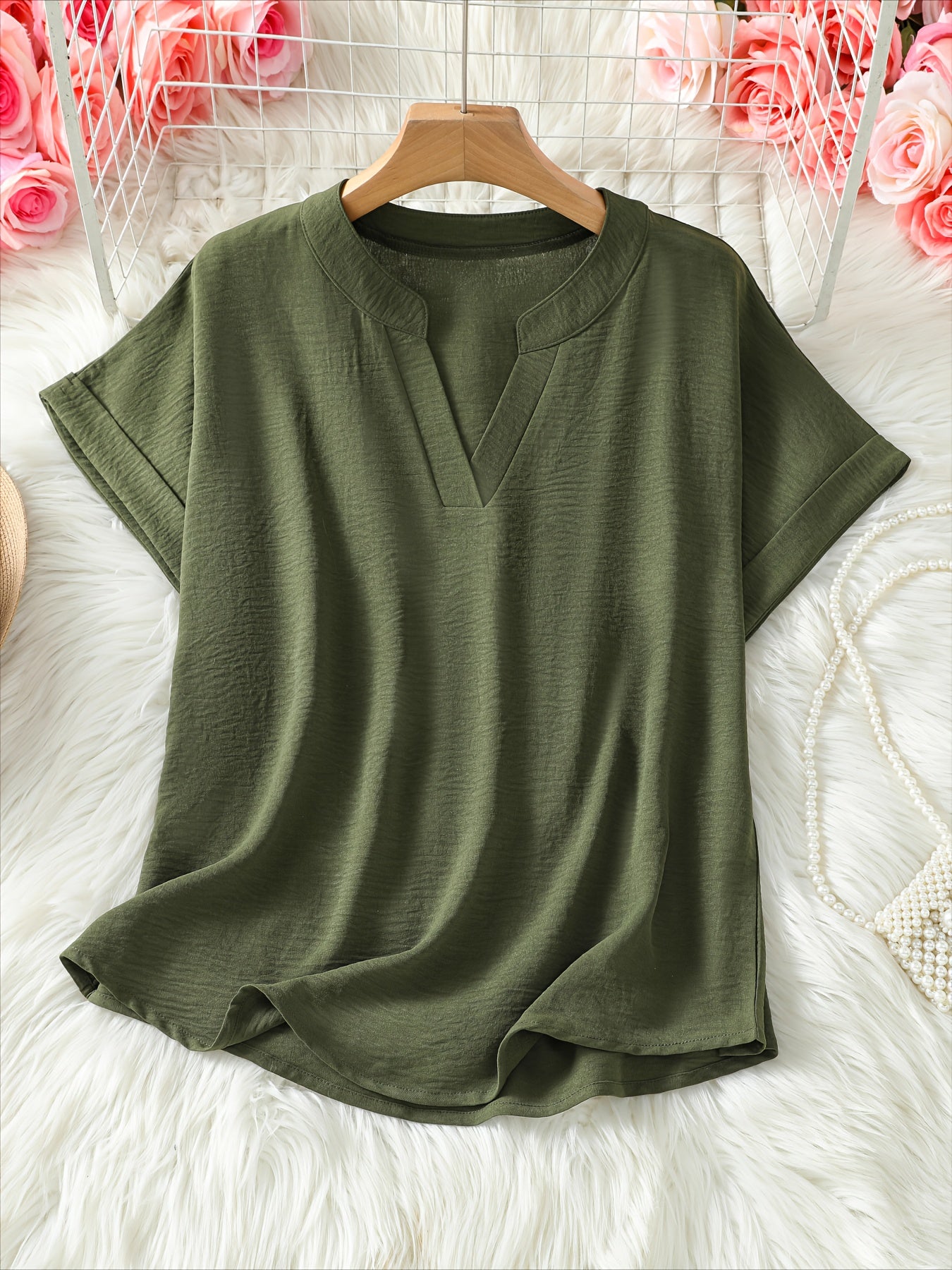 V-Neck Drop Shoulder Solid Color Loose Short Sleeve Shirt