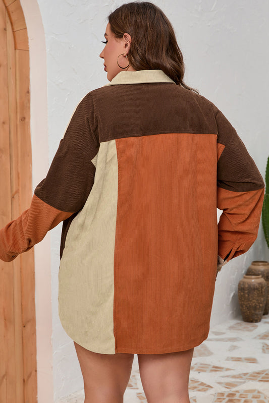 Brown Corduroy Colorblock Pocket Plus Size Jacket