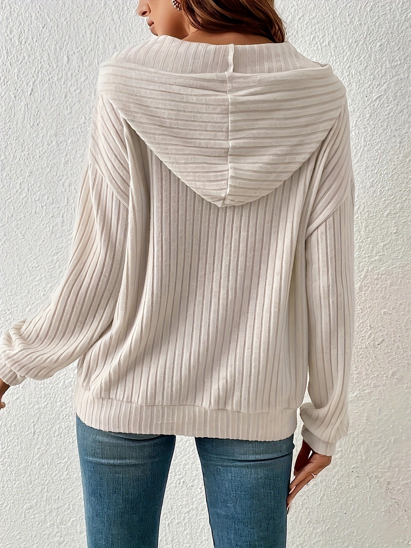 Women's Ribbed Knit Long Sleeve Drawstring Medium Stretch Hooded Sweater With Kangaroo Pocket