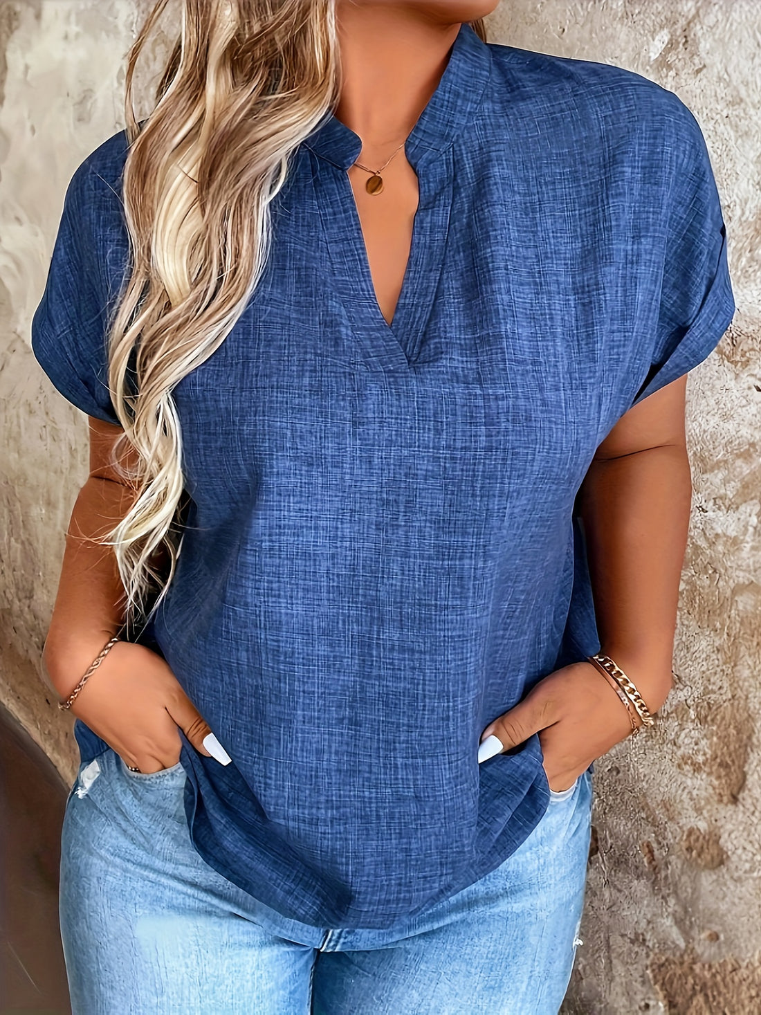 Elegant Dark Blue Notched V-Neck Blouse